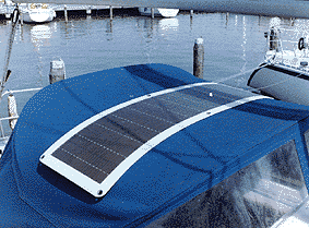 Heavy duty flexible solar panel in place on a biminy